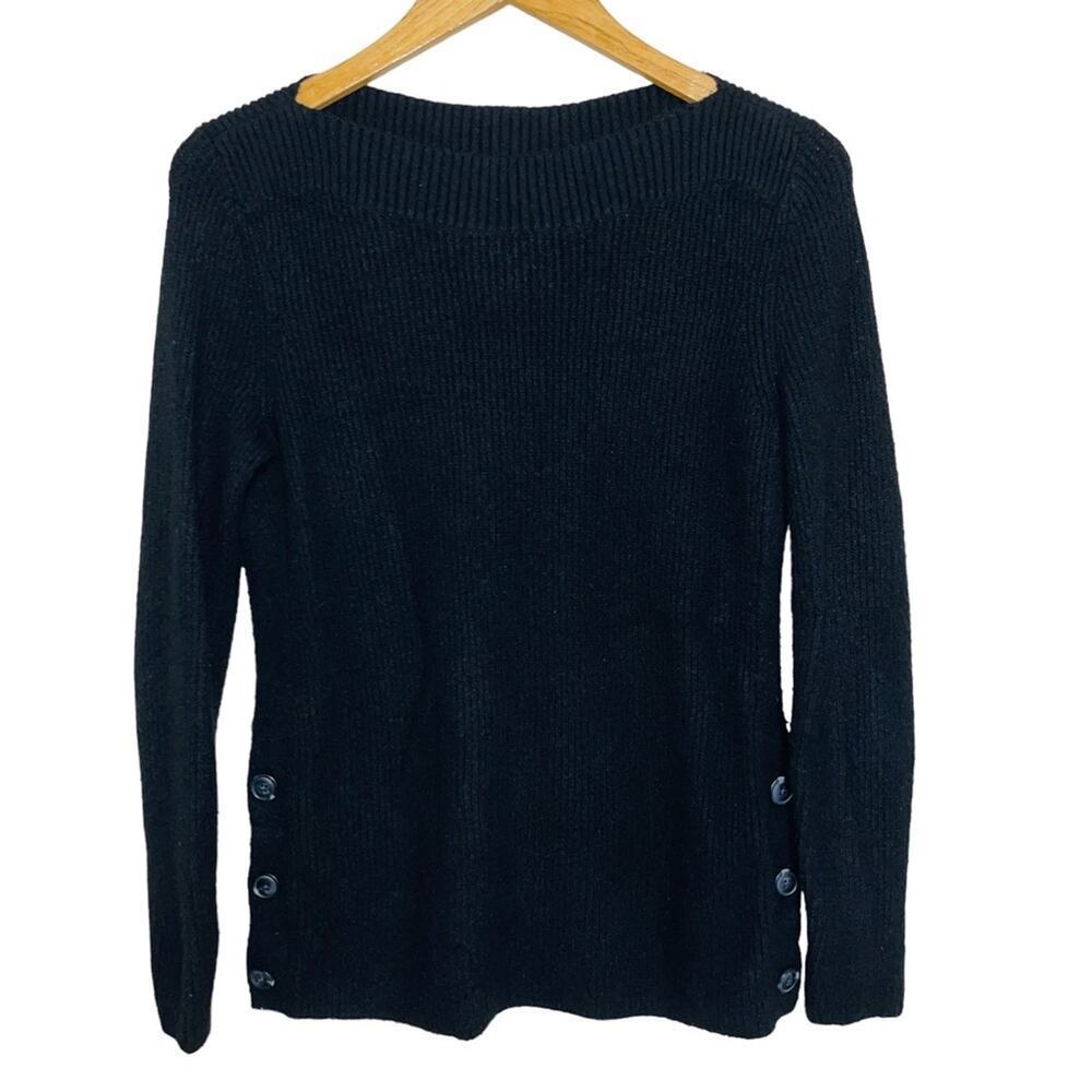 Talbots Ribbed Boat Neck Sweater Button Accent Black Size S